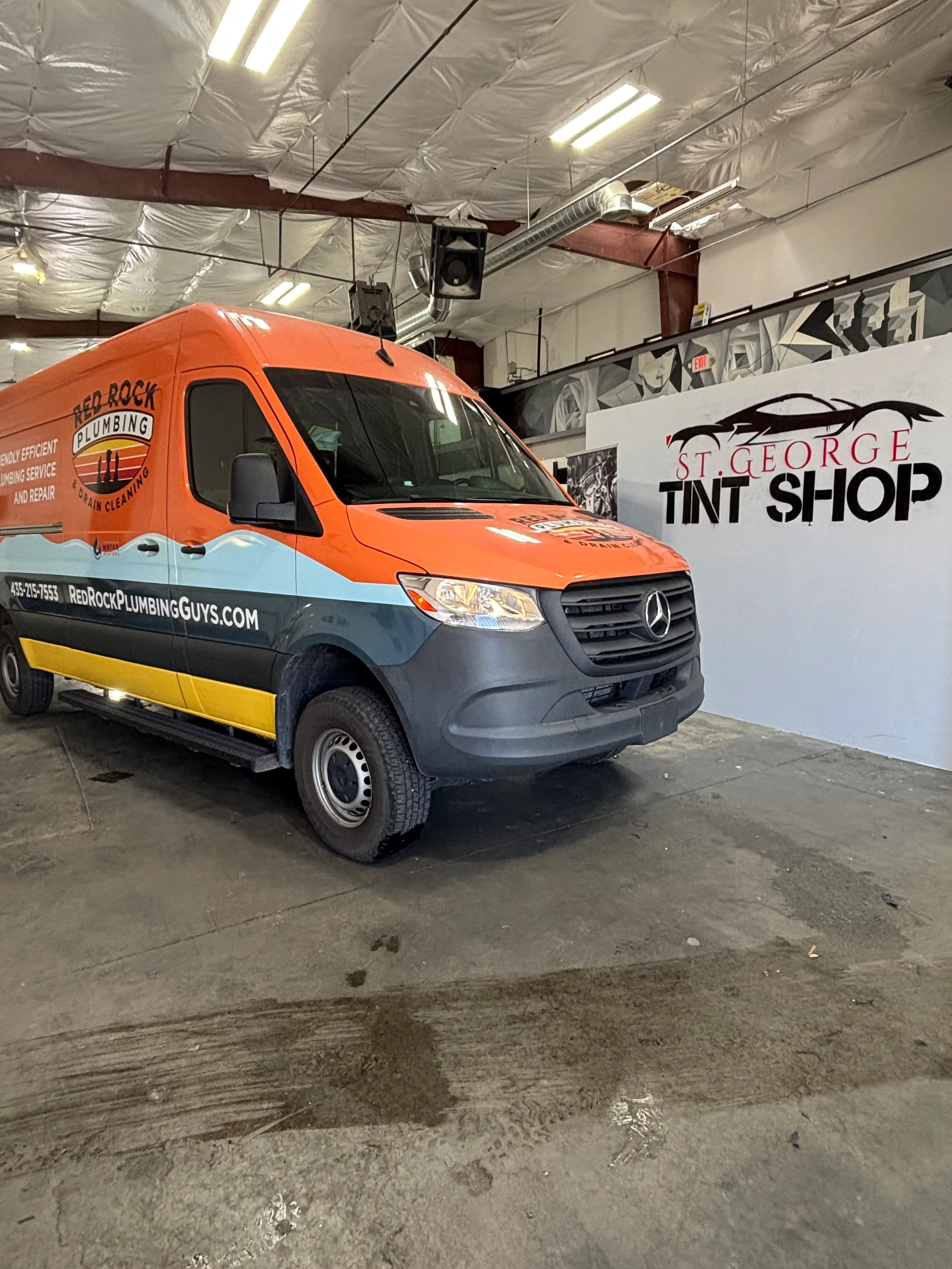 Red Rock Plumbing Mercedes-Benz Sprinter van with professional ceramic window tint applied by St. George Tint Shop in Southern Utah.