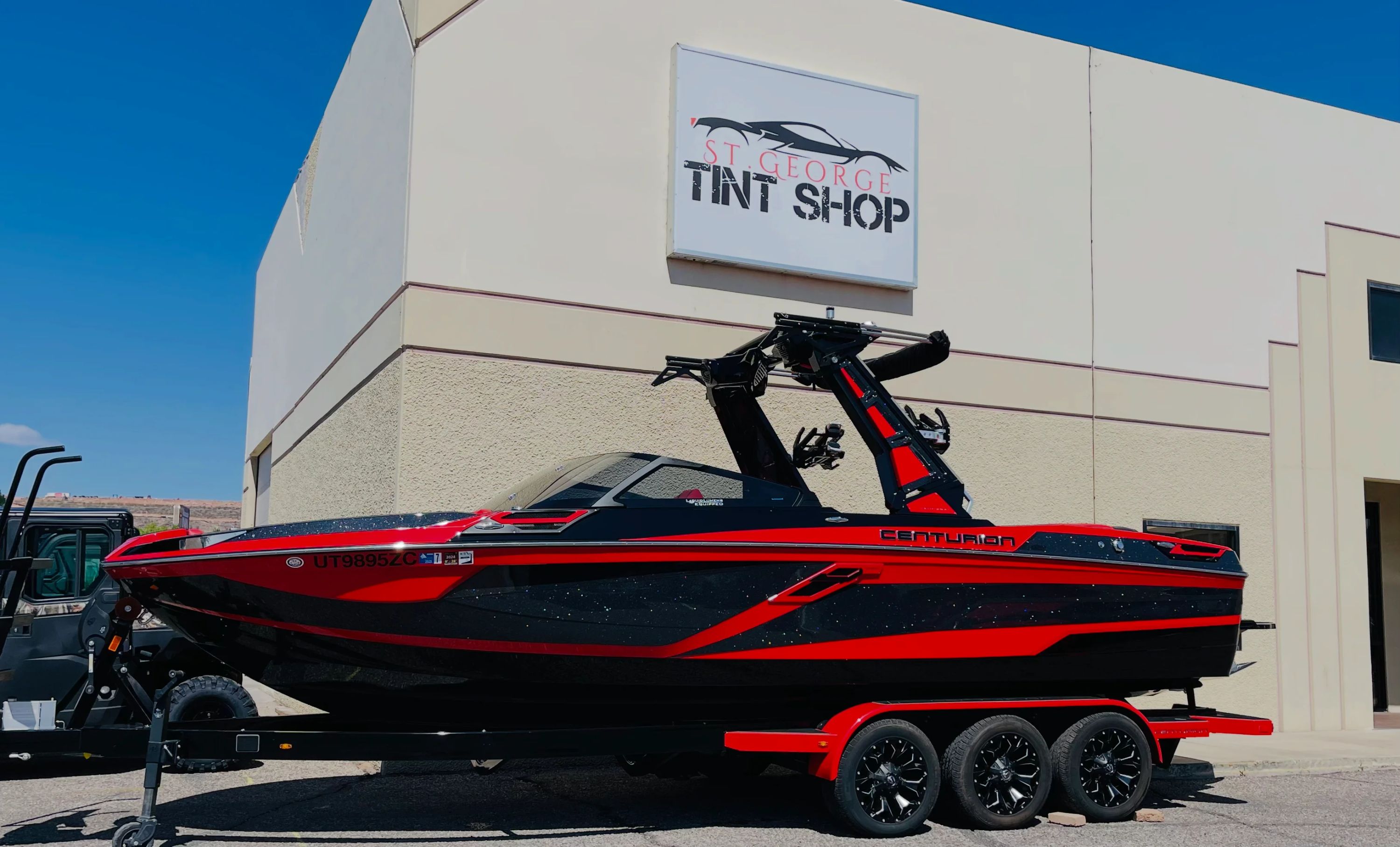 Centurion wake boat with marine window tint at Sand Hollow Utah